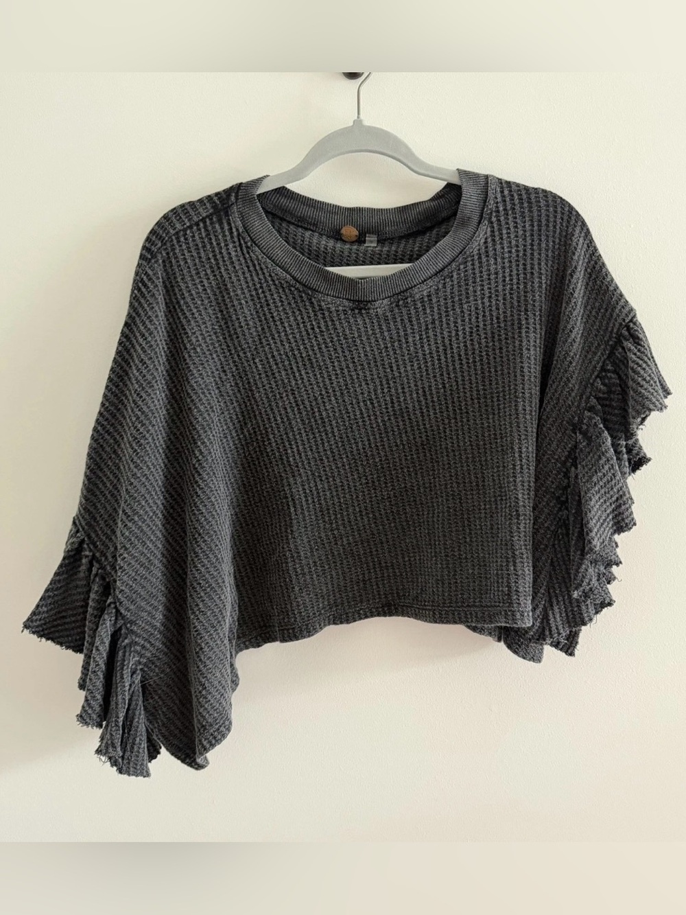 Free People Nessa Flutter Top Womens Large Black Sleeve Cropped Oversized Waffle